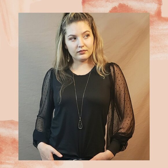 Black Sheer Balloon Sleeve Swiss Dot Soft Shirt - Picture 2 of 6